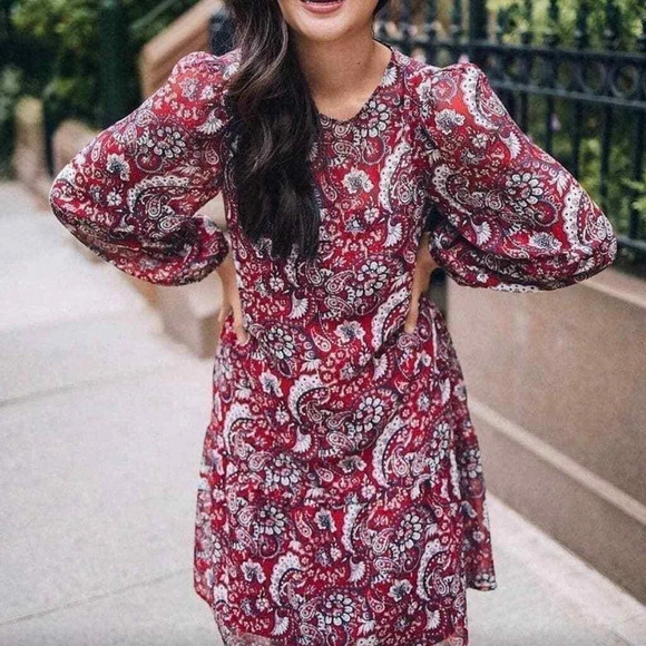 Loft Red Gold Shimmer Paisley Floral Chiffon Ruffle Hem Dress - Picture 1 of 9